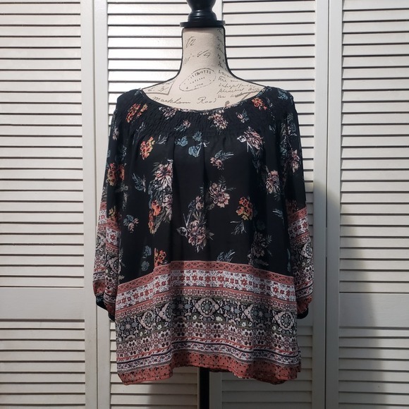 Knox Rose Tops - Knox Rose Semi Sheer Boho Blouse Women's XS Floral 3/4 Sleeve Smocked Neckline